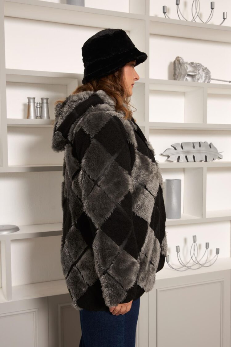 Black Teddy Jacket With Checkered Pattern