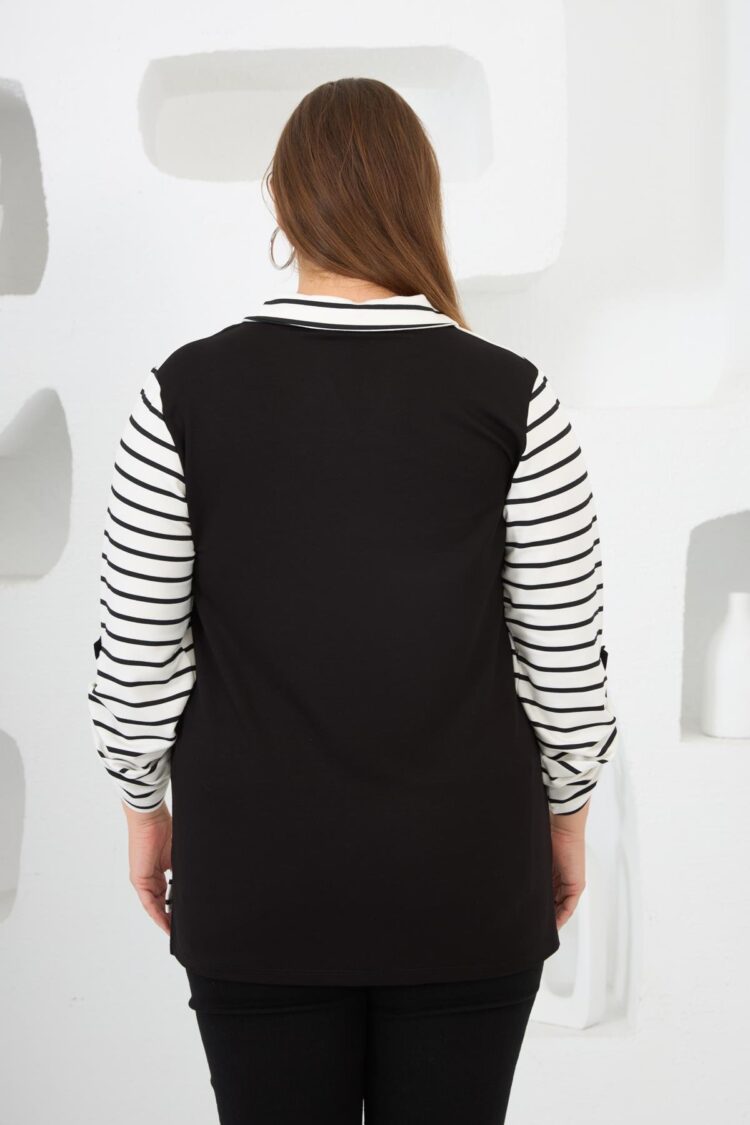 Black Plus Size Casual Sweatshirt With Striped & Color Block