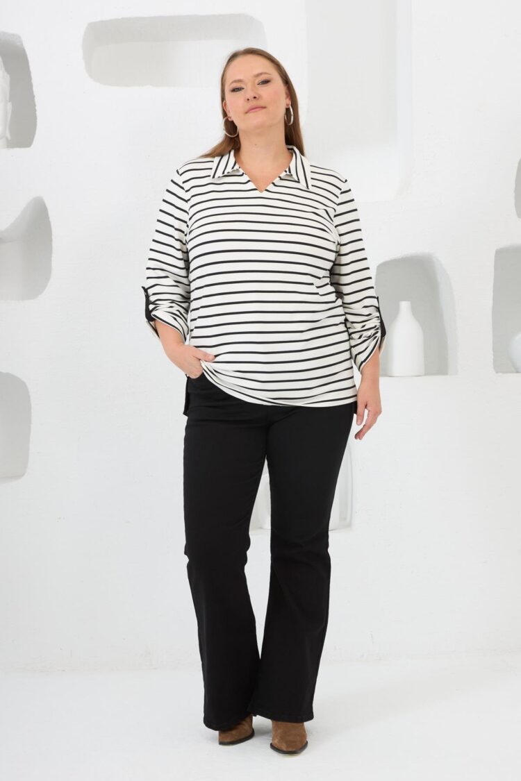 Black Plus Size Casual Sweatshirt With Striped & Color Block
