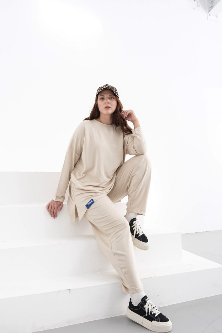Beige Tracksuit Oversized Fit Long Sleeve Jogger