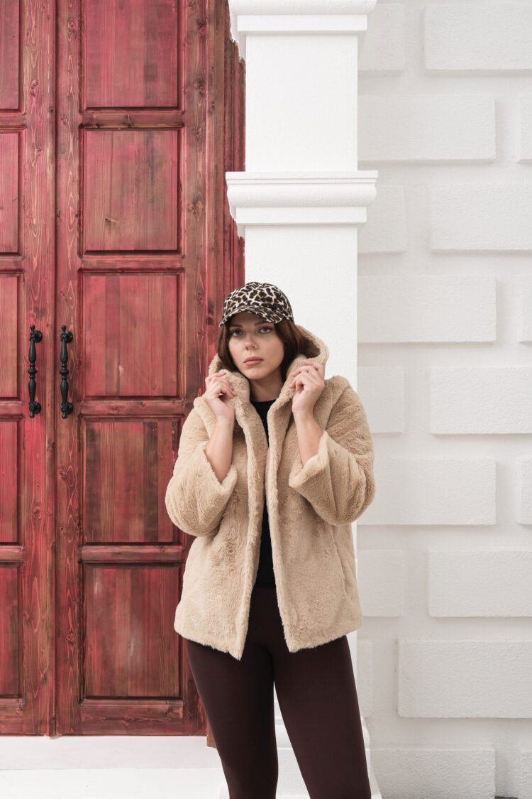 Beige Fur Hooded Coat With Snap Closure