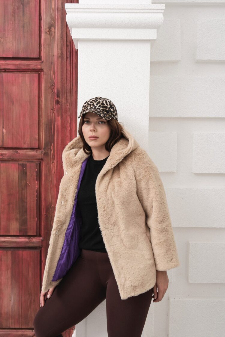 Beige Fur Hooded Coat With Snap Closure
