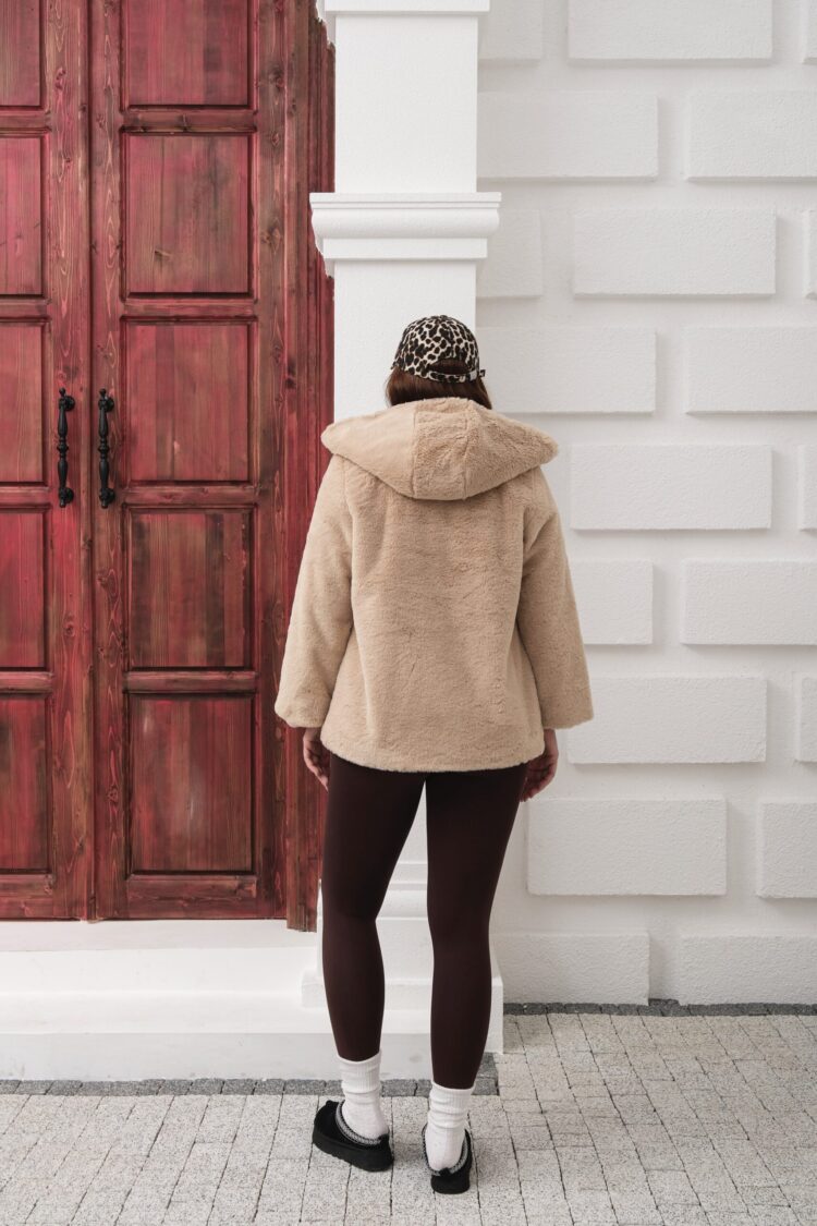 Beige Fur Hooded Coat With Snap Closure