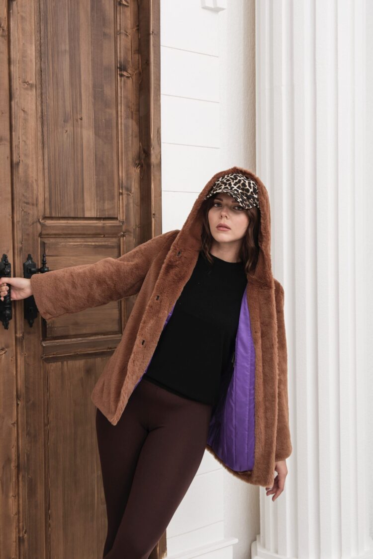 Fur Hooded Coat With Button Closure