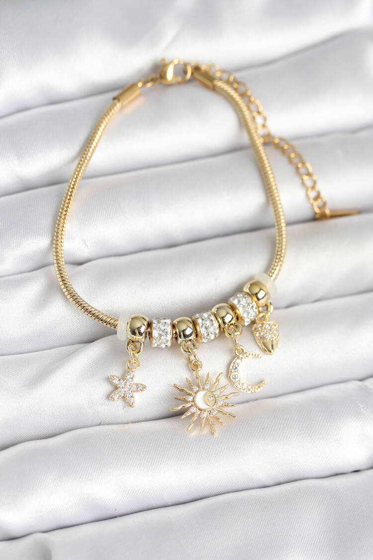 Brass Gold Color Moon And Sun Charm Women's Bracelet - Brand: Ebijuteri - Women & Kids, Baby Clothes Wholesale - Globality Store