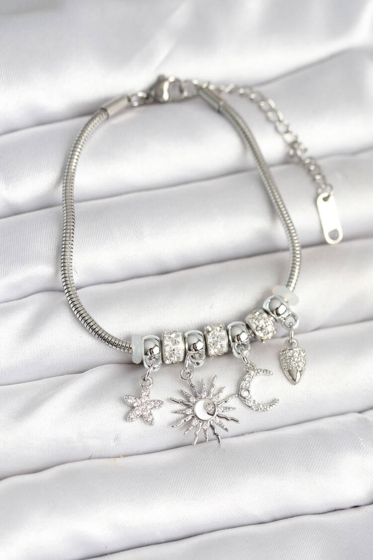 Brass Silver Color Moon And Sun Charm Women's Bracelet - Brand: Ebijuteri - Women & Kids, Baby Clothes Wholesale - Globality Store