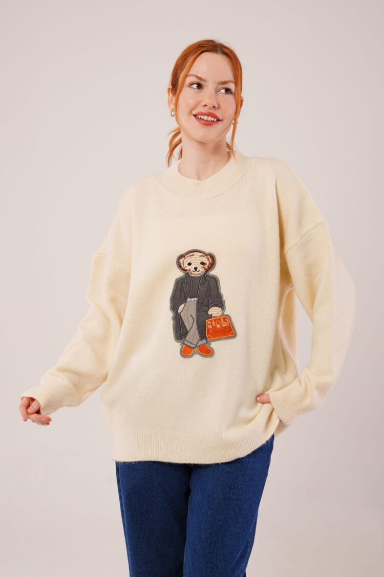 Beige Oversized Fit Sweater With Round Neck - Brand: Lustrin - Women & Kids, Baby Clothes Wholesale - Globality Store