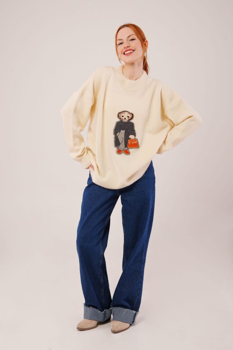 Beige Oversized Fit Sweater With Round Neck