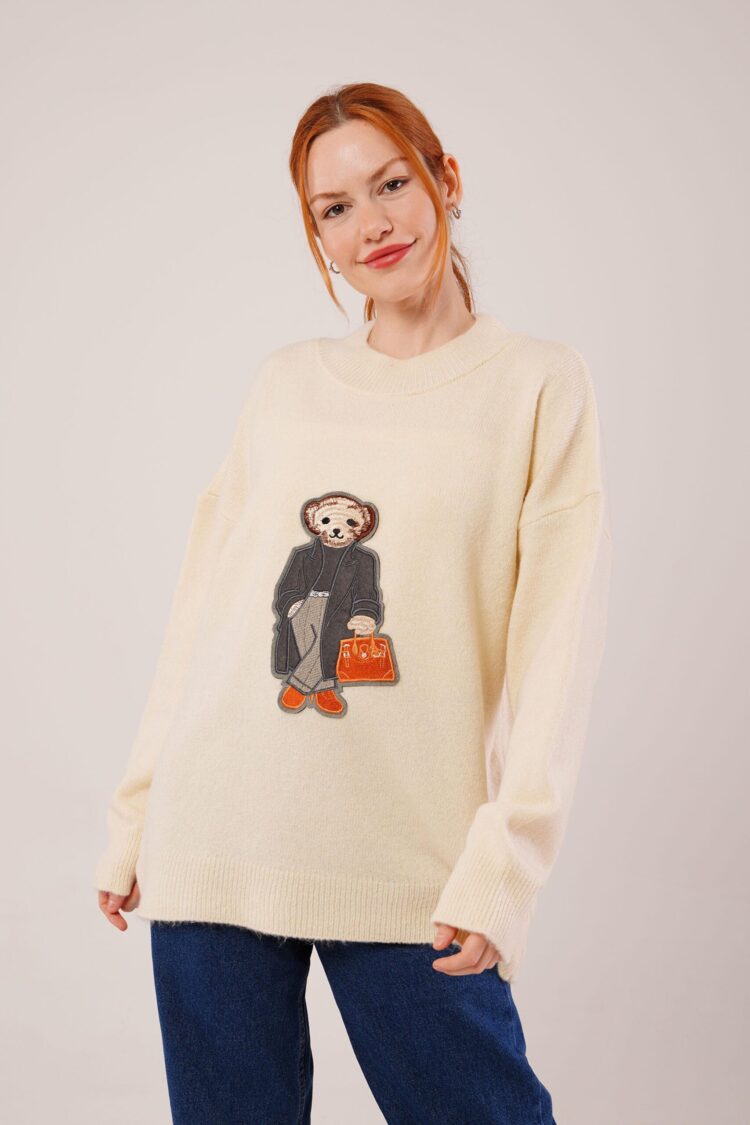 Beige Oversized Fit Sweater With Round Neck