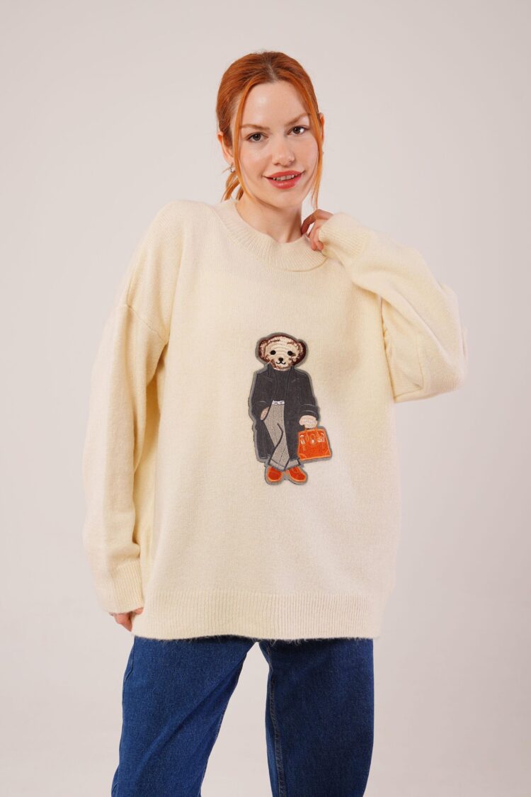 Beige Oversized Fit Sweater With Round Neck