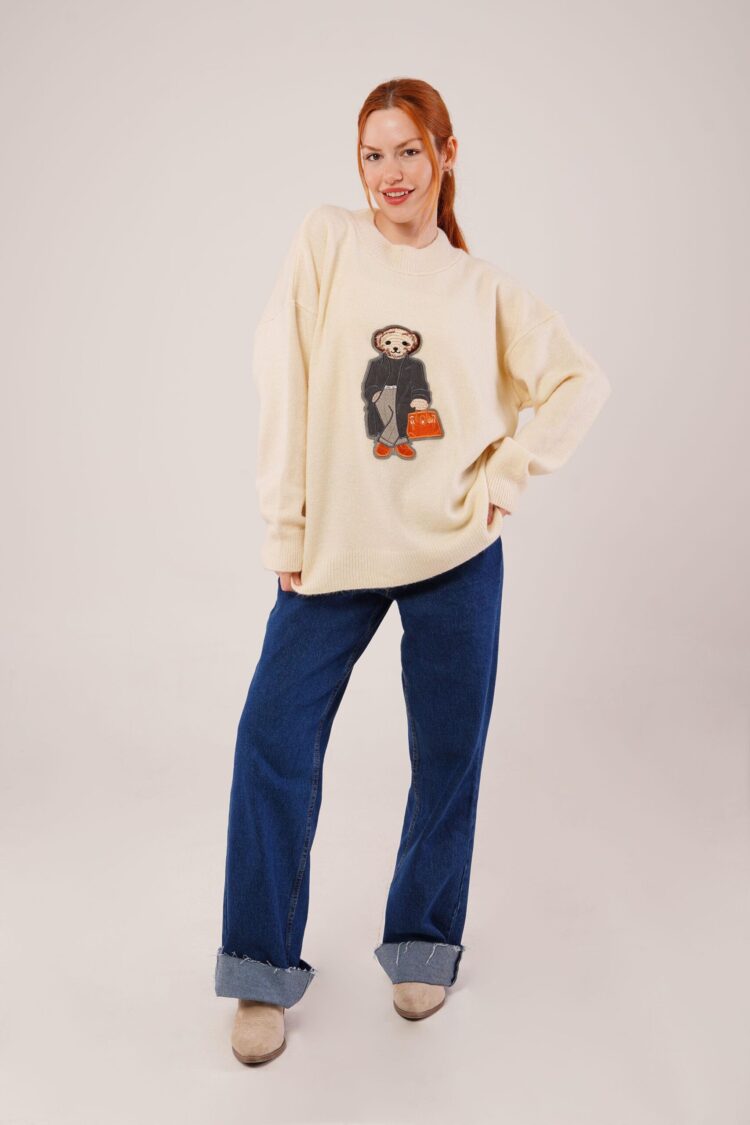 Beige Oversized Fit Sweater With Round Neck