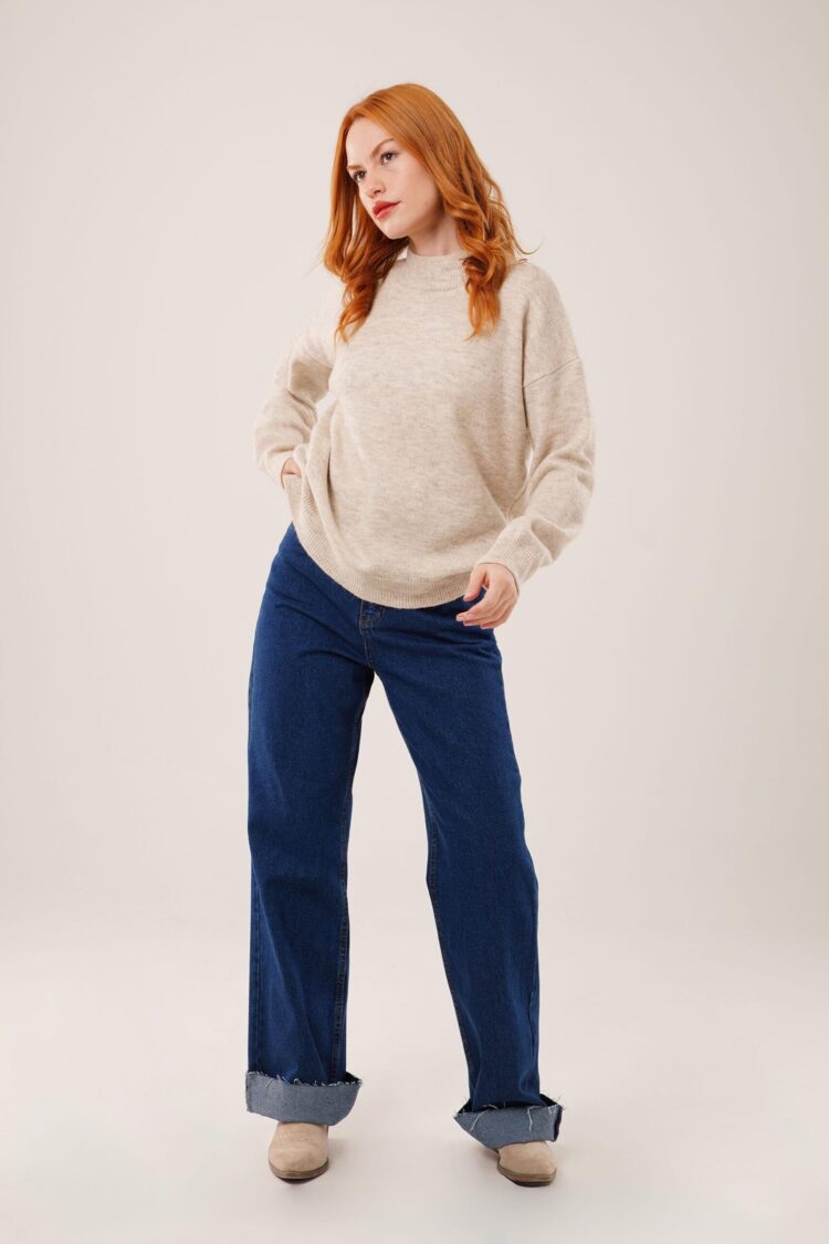 Beige Sweater With Oversized Fit And Polo Neck