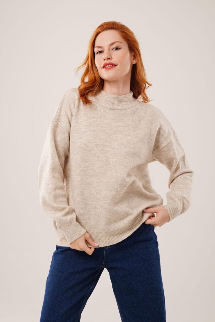 Beige Sweater With Oversized Fit And Polo Neck