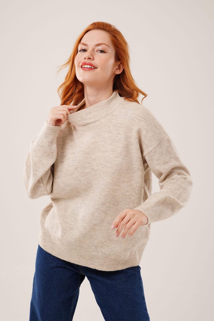 Beige Sweater With Oversized Fit And Polo Neck