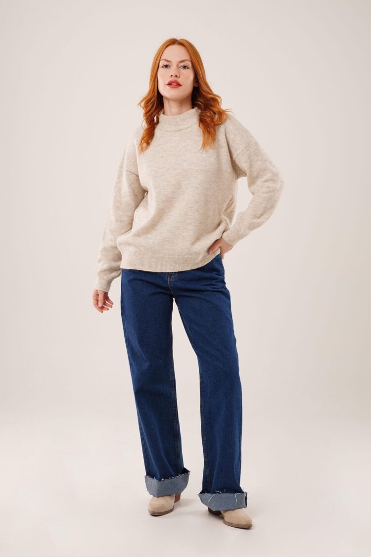 Beige Sweater With Oversized Fit And Polo Neck
