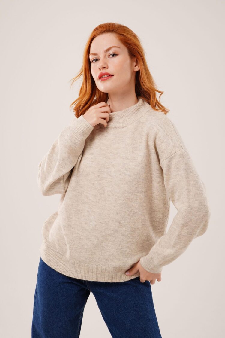 Beige Sweater With Oversized Fit And Polo Neck - Brand: Lustrin - Women & Kids, Baby Clothes Wholesale - Globality Store