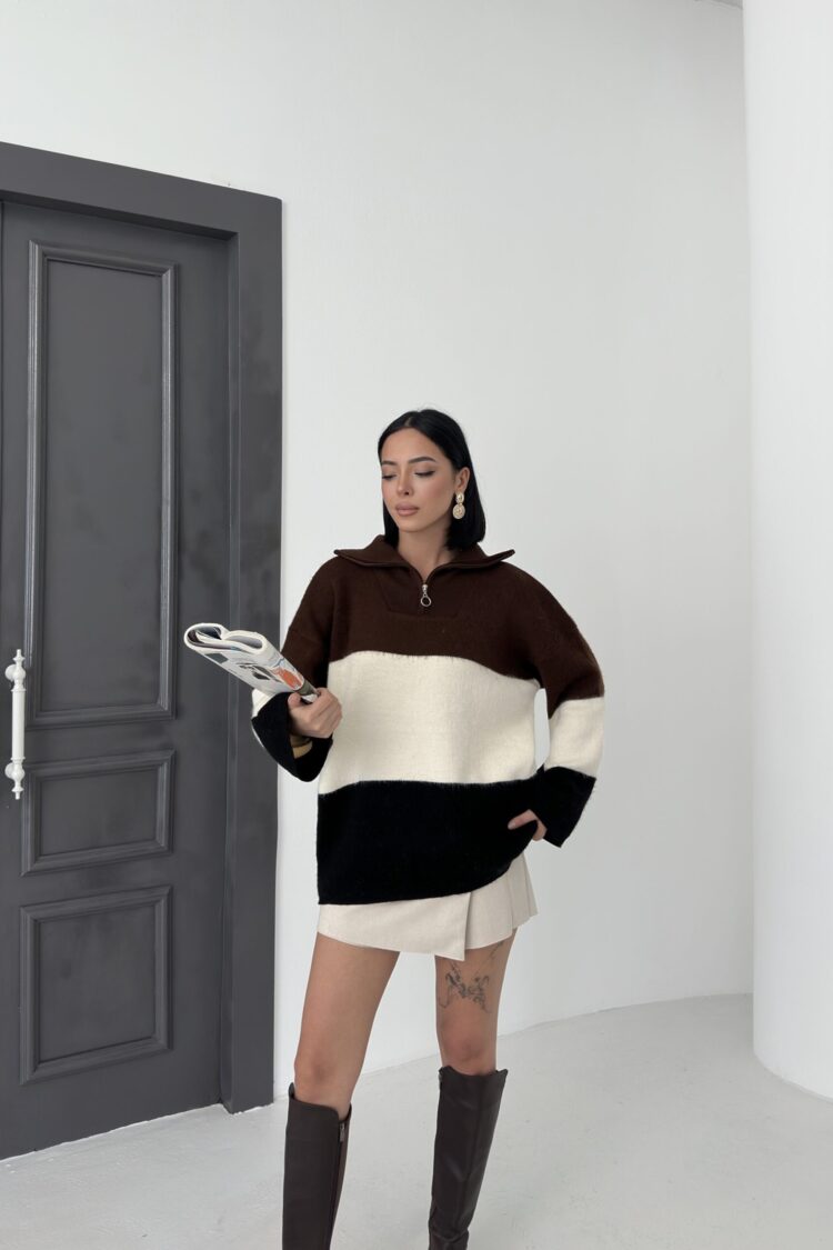 Brown Oversized Fit Color Block Sweater With Polo Neck