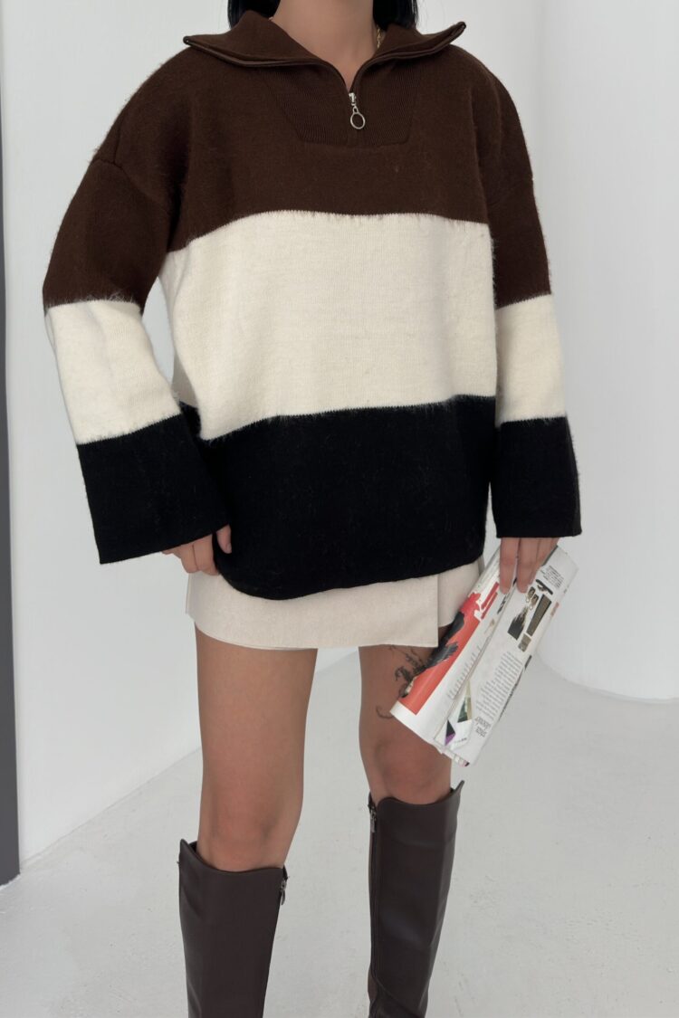 Brown Oversized Fit Color Block Sweater With Polo Neck