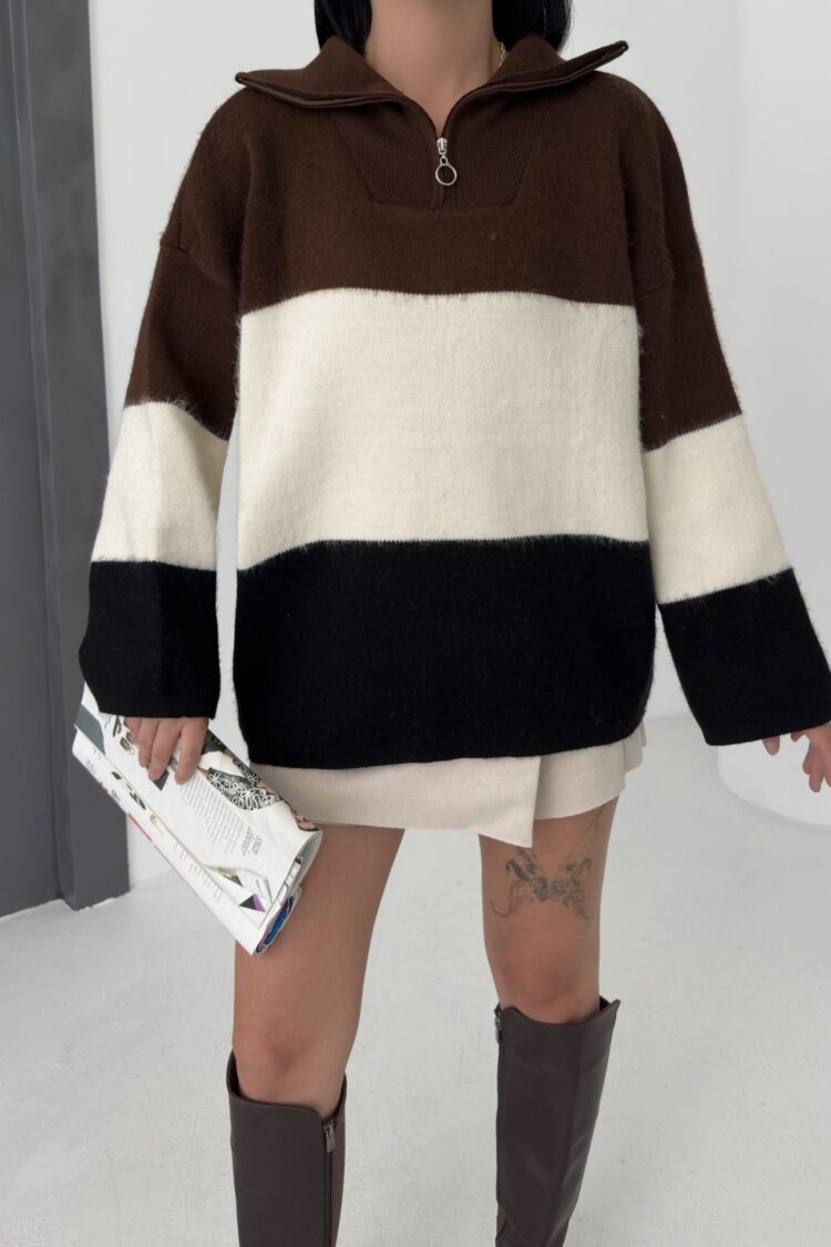Brown Oversized Fit Color Block Sweater With Polo Neck