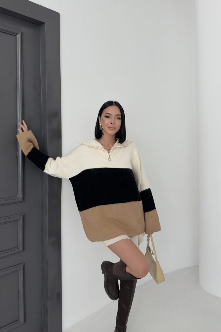 Beige Color Block Oversized Sweater With Polo Neck - Brand: My Fashion - Women & Kids, Baby Clothes Wholesale - Globality Store