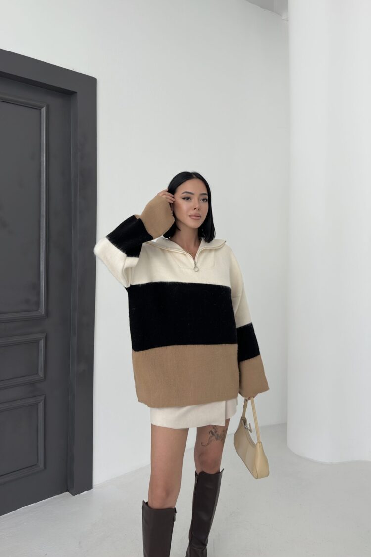 Beige Color Block Oversized Sweater With Polo Neck