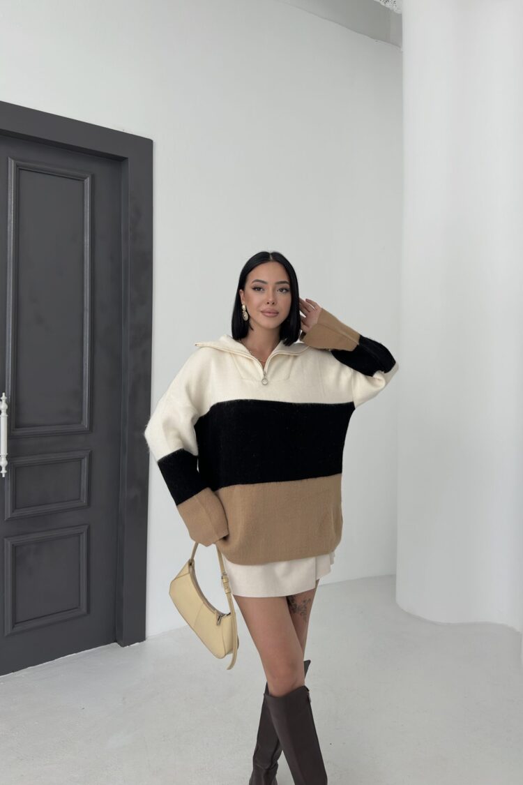 Beige Color Block Oversized Sweater With Polo Neck