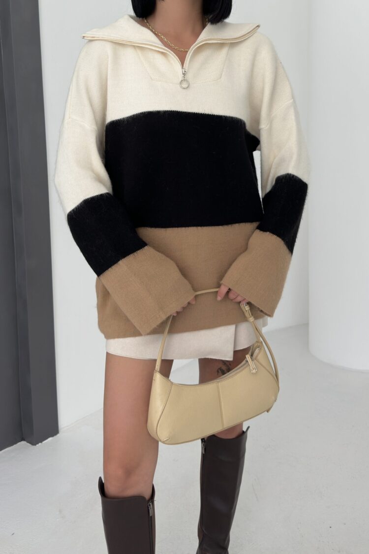 Beige Color Block Oversized Sweater With Polo Neck