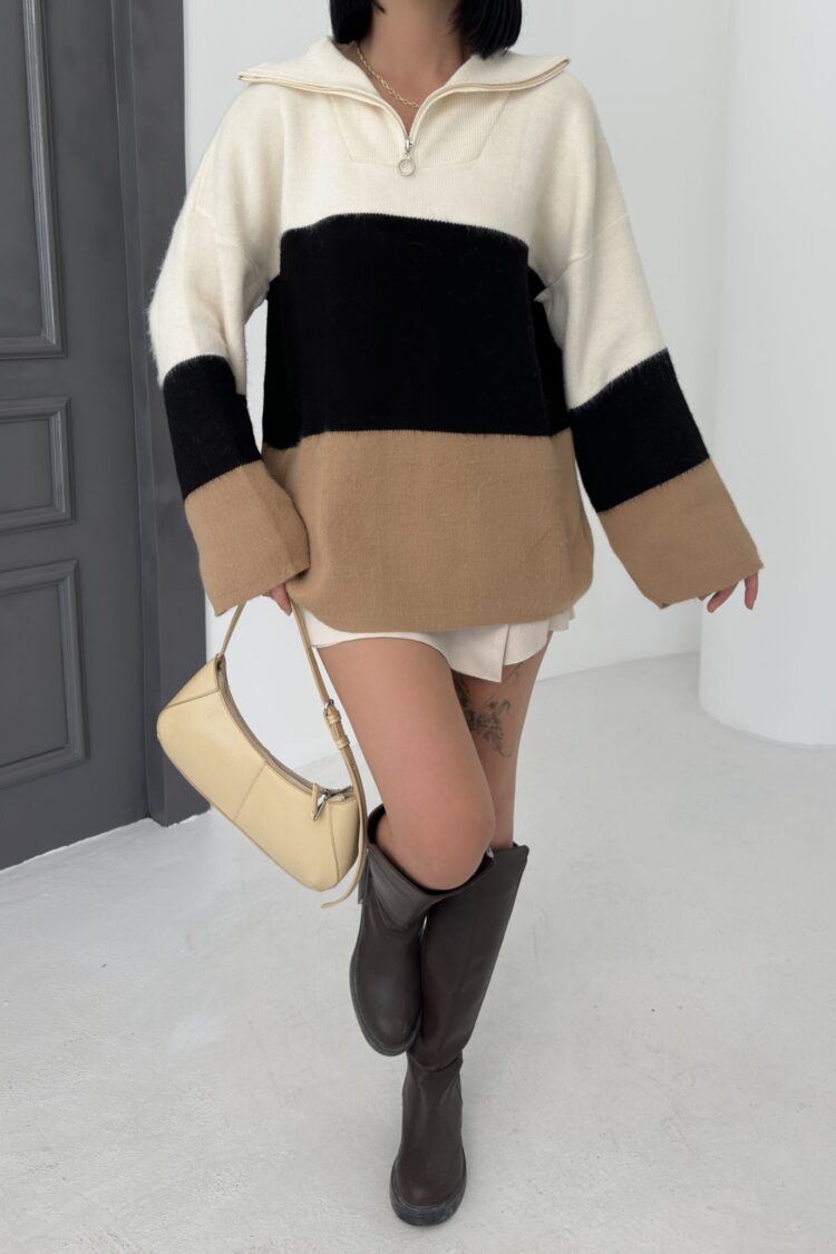 Beige Color Block Oversized Sweater With Polo Neck