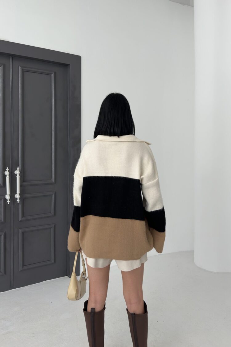 Beige Color Block Oversized Sweater With Polo Neck