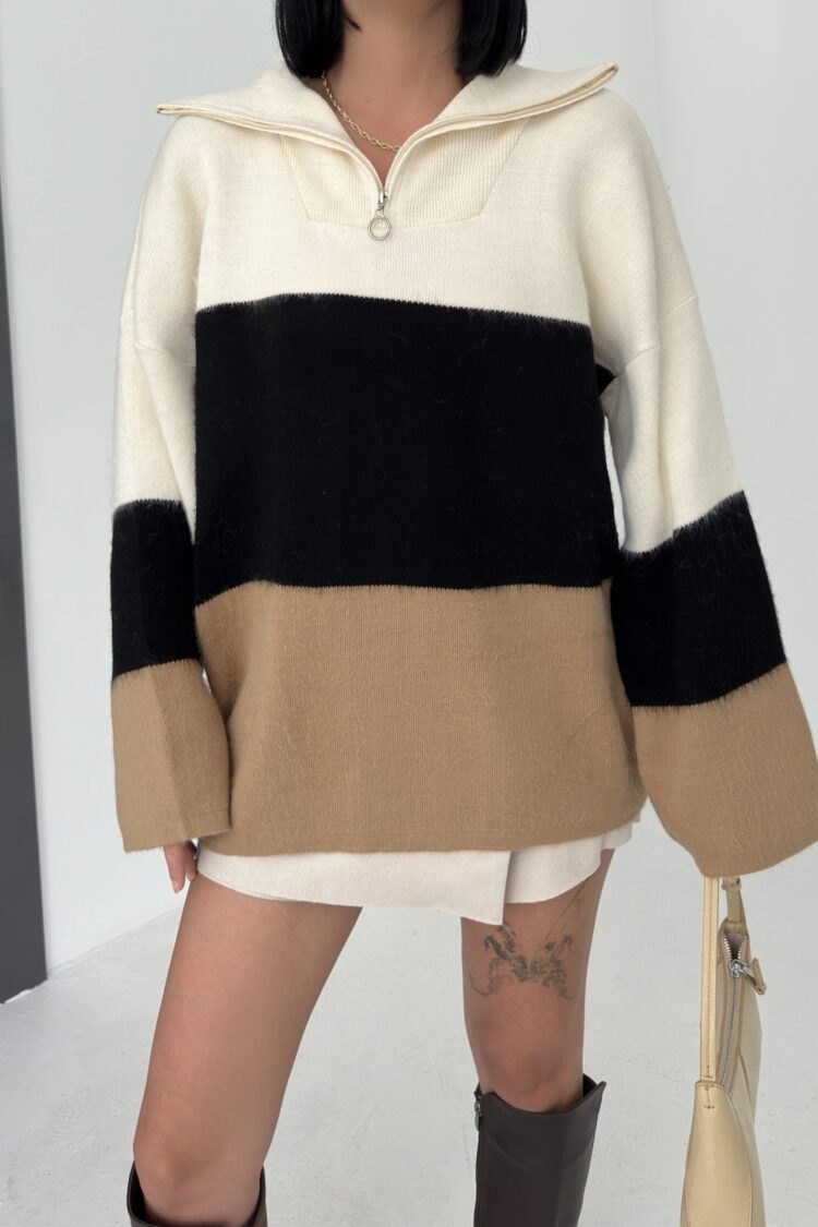 Beige Color Block Oversized Sweater With Polo Neck