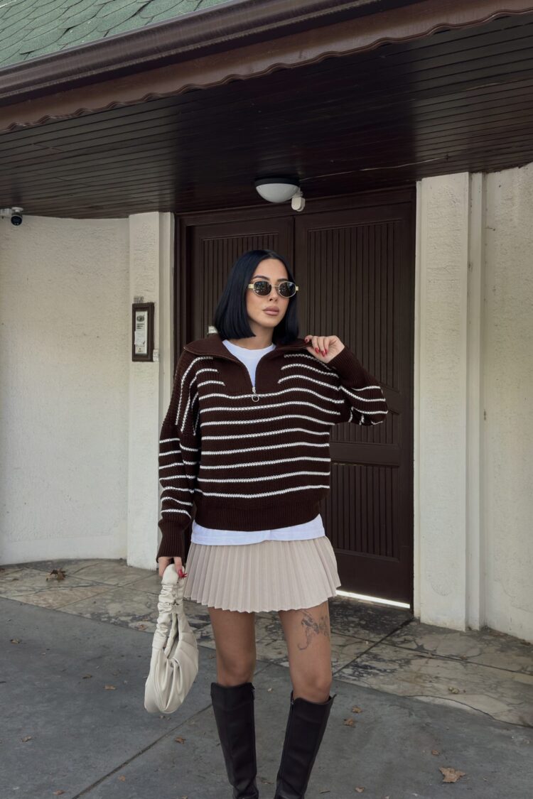 Striped Oversized Polo Neck Sweater