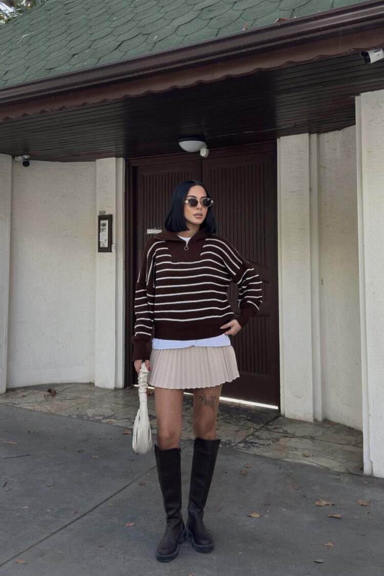 Striped Oversized Polo Neck Sweater