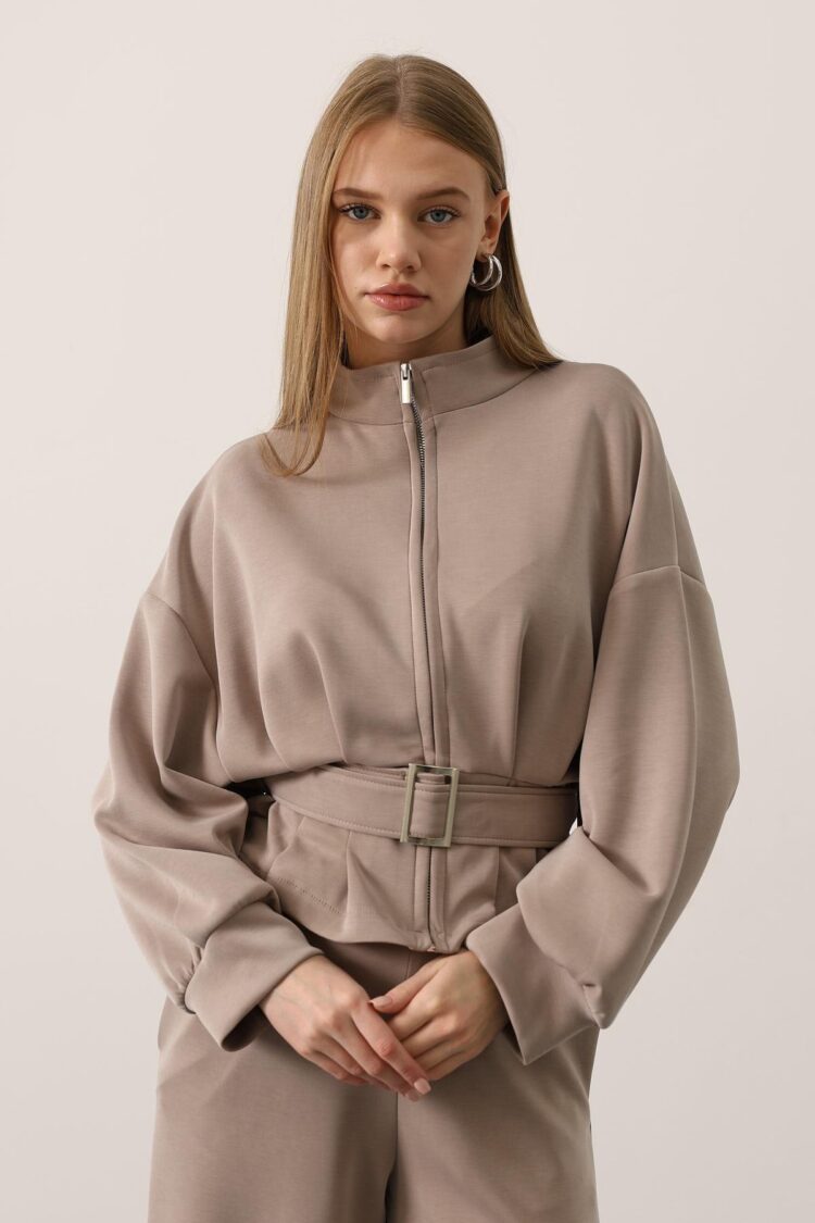 Beige Oversized Fit Blouse With High Neck