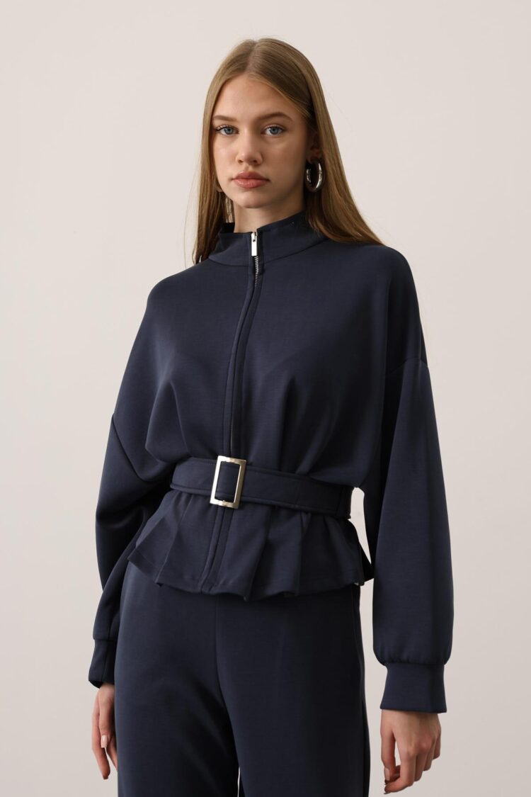 Zipper Detailed Blouse With Front Closure - Navy - Brand: Reyon - Women & Kids, Baby Clothes Wholesale - Globality Store