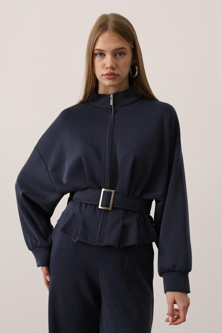 Zipper Detailed Blouse With Front Closure - Navy