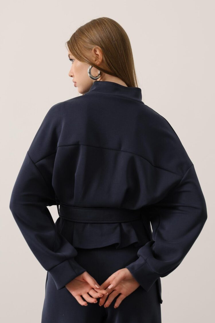Zipper Detailed Blouse With Front Closure - Navy