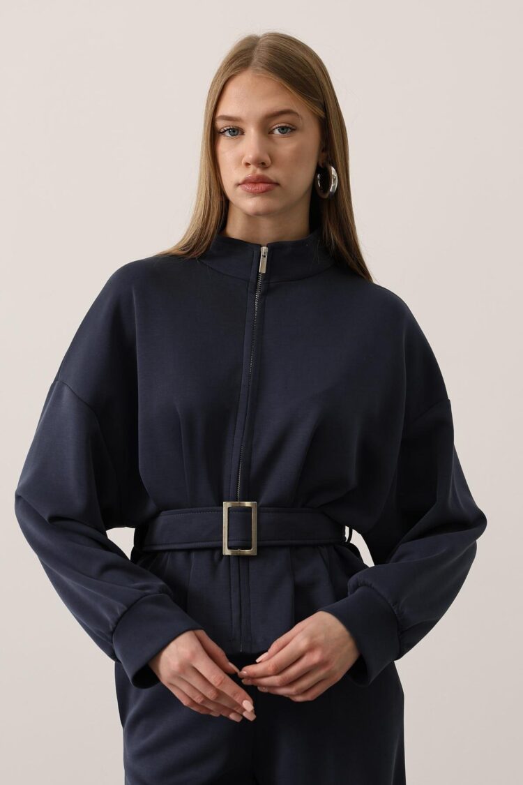 Zipper Detailed Blouse With Front Closure - Navy