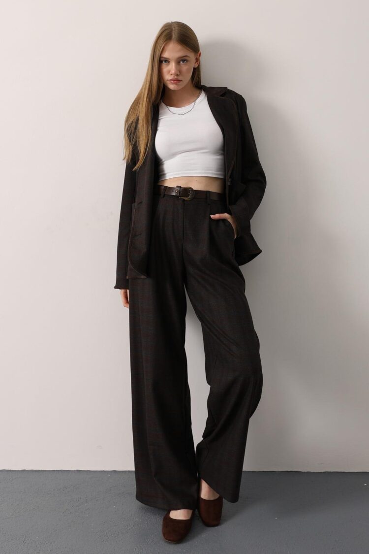 Brown Checkered Palazzo Pants High Waist Wide Leg - Brand: Reyon - Women & Kids, Baby Clothes Wholesale - Globality Store