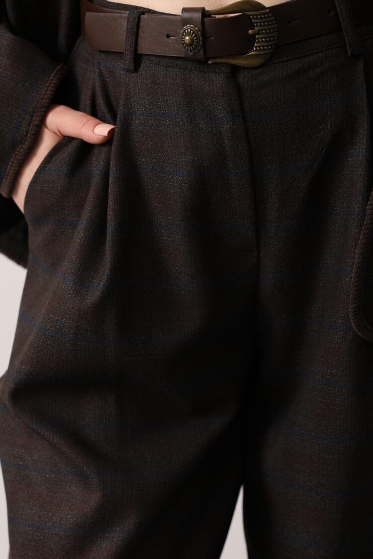 Brown Checkered Palazzo Pants High Waist Wide Leg