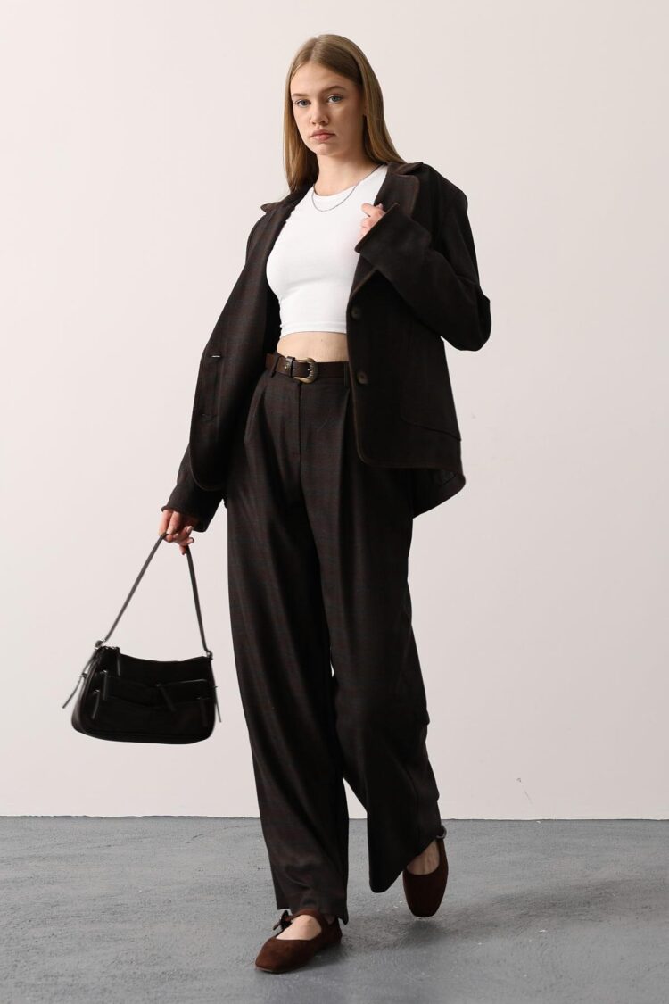 Brown Checkered Palazzo Pants High Waist Wide Leg
