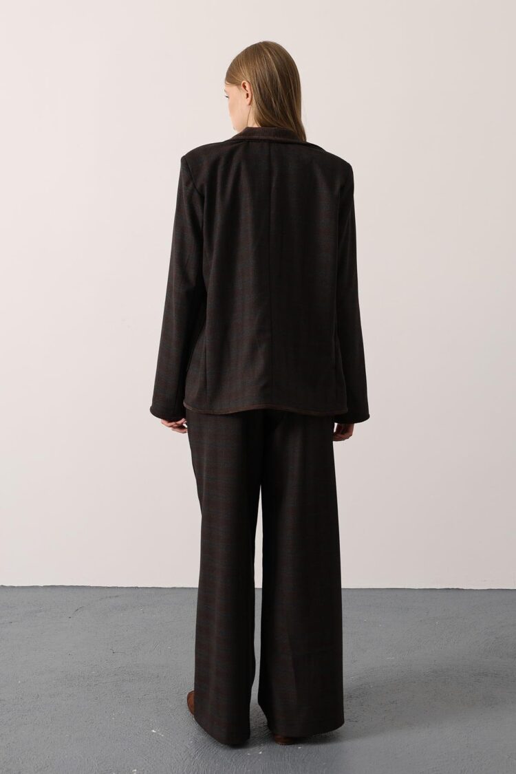 Brown Checkered Palazzo Pants High Waist Wide Leg