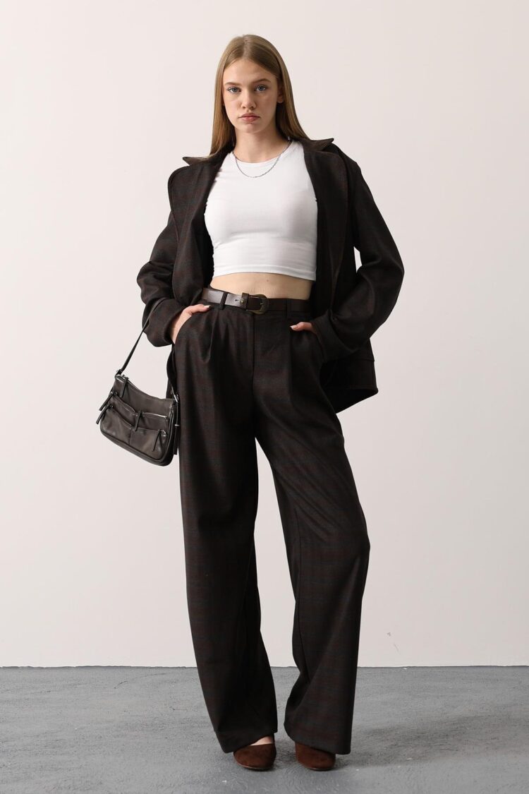 Brown Checkered Palazzo Pants High Waist Wide Leg