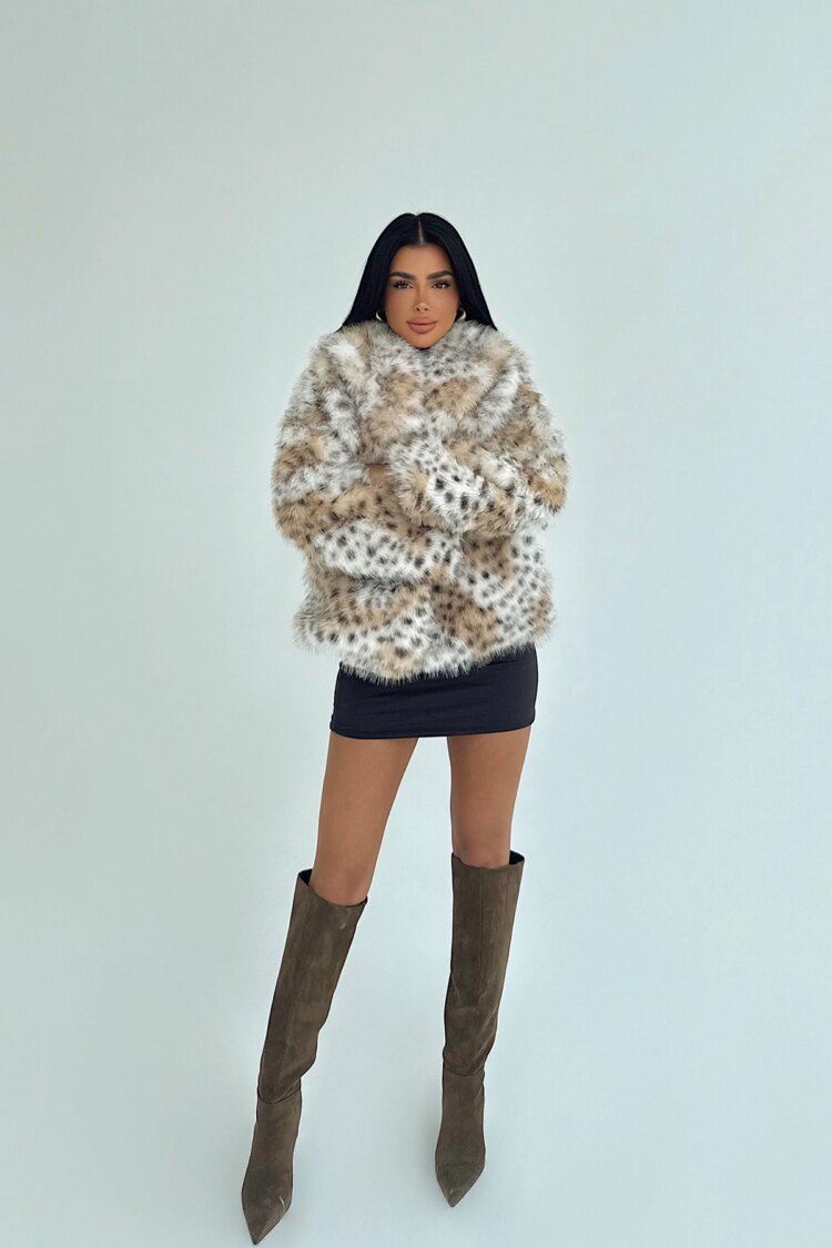 Mix Color Fur Jacket With Animal Print Pattern