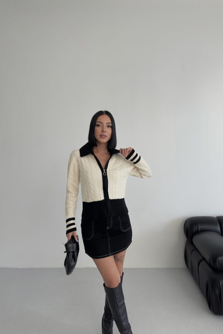 Beige Fitted Casual Cardigan With Zip Up Closure