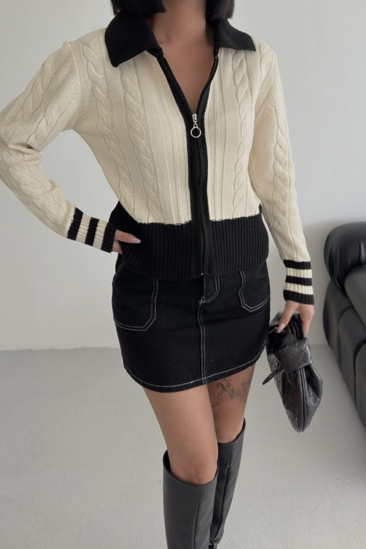 Beige Fitted Casual Cardigan With Zip Up Closure