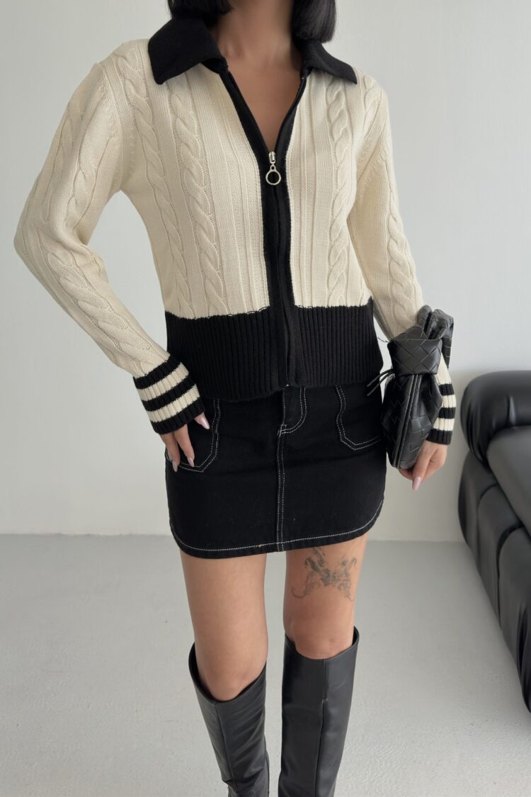 Beige Fitted Casual Cardigan With Zip Up Closure