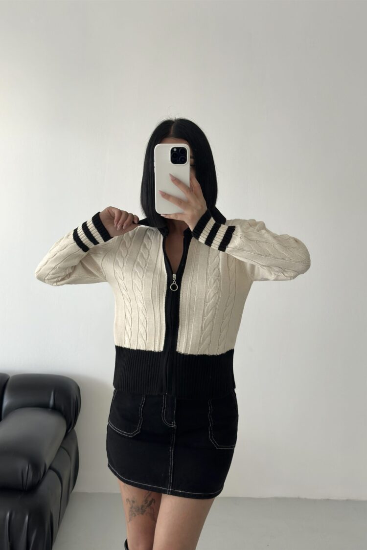 Beige Fitted Casual Cardigan With Zip Up Closure