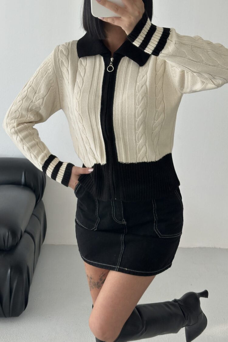 Beige Fitted Casual Cardigan With Zip Up Closure