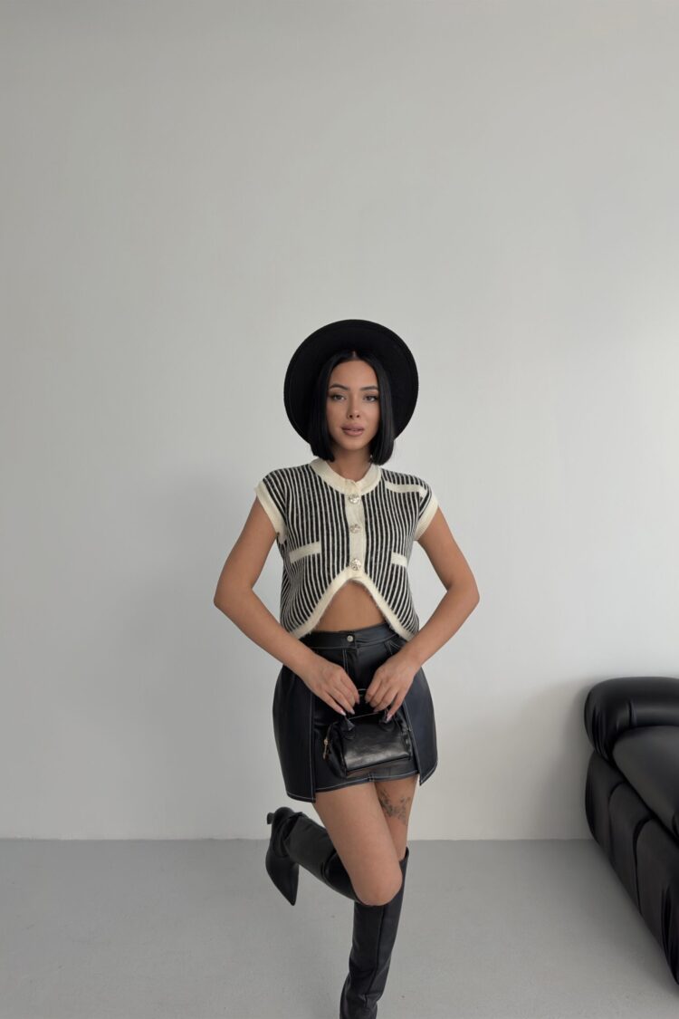 Black Retro Striped Crop Vest With Patch Pockets