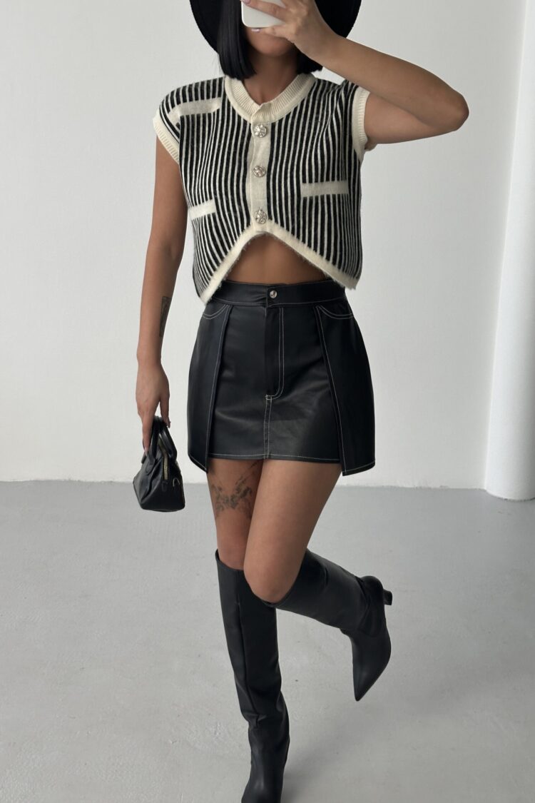 Black Retro Striped Crop Vest With Patch Pockets